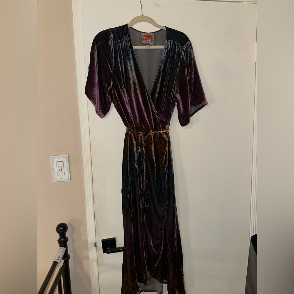 Johnny Was Ombré Cheetah Velvet Asymmetrical Wrap Blue and Brown Dress Large - Picture 2 of 6
